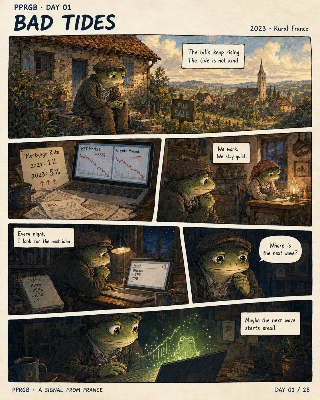 A frog sits outside a village house, compares bills with falling markets, and looks for an idea at night.