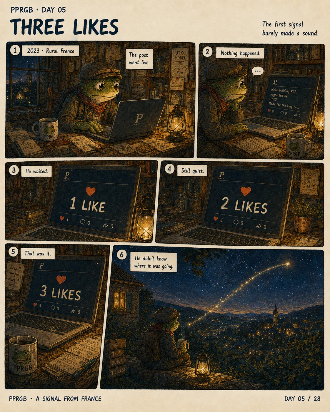 The old frog’s post receives three likes before a small green signal rises from the village.