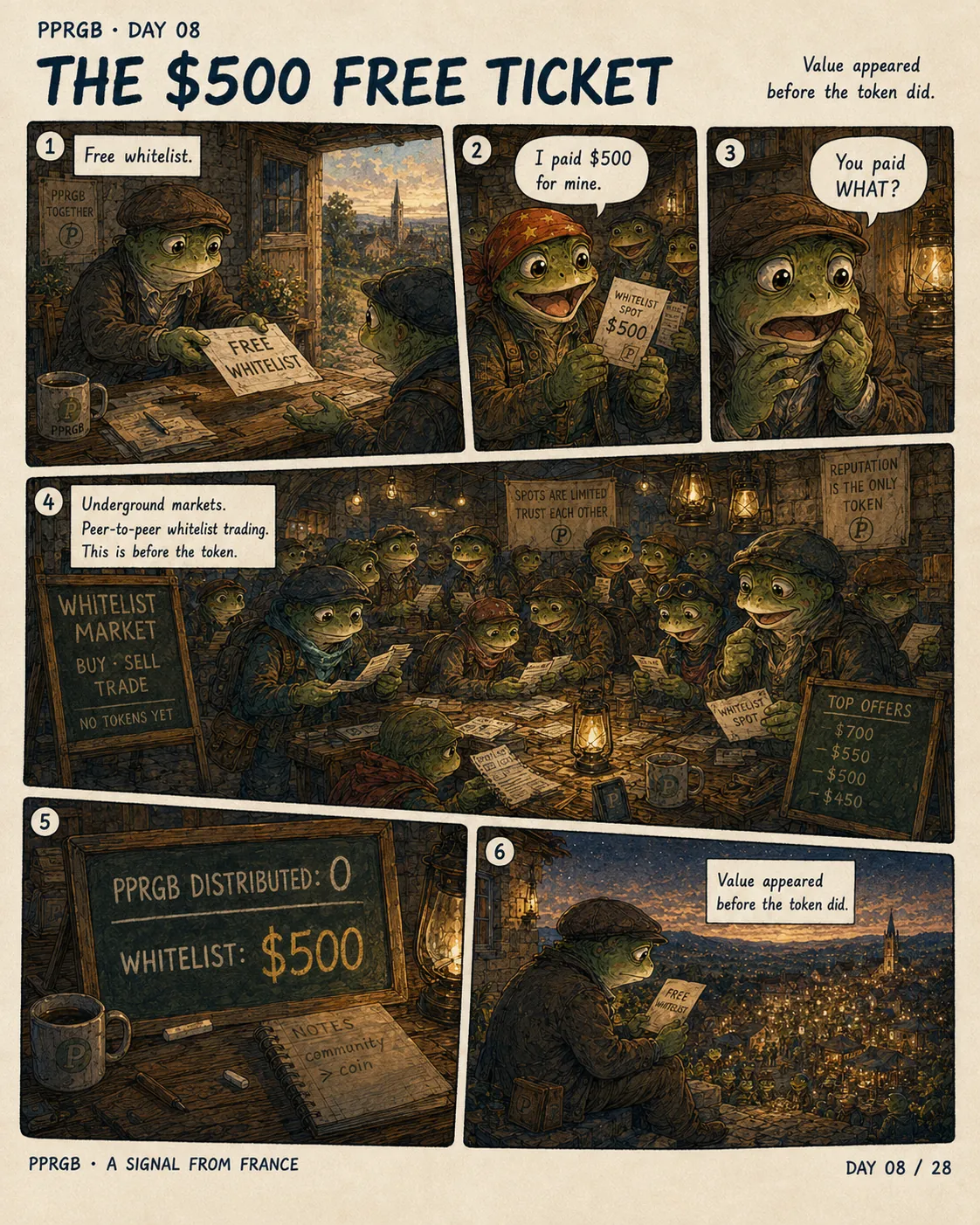 A frog receives a free whitelist ticket while another displays a $500 sign.