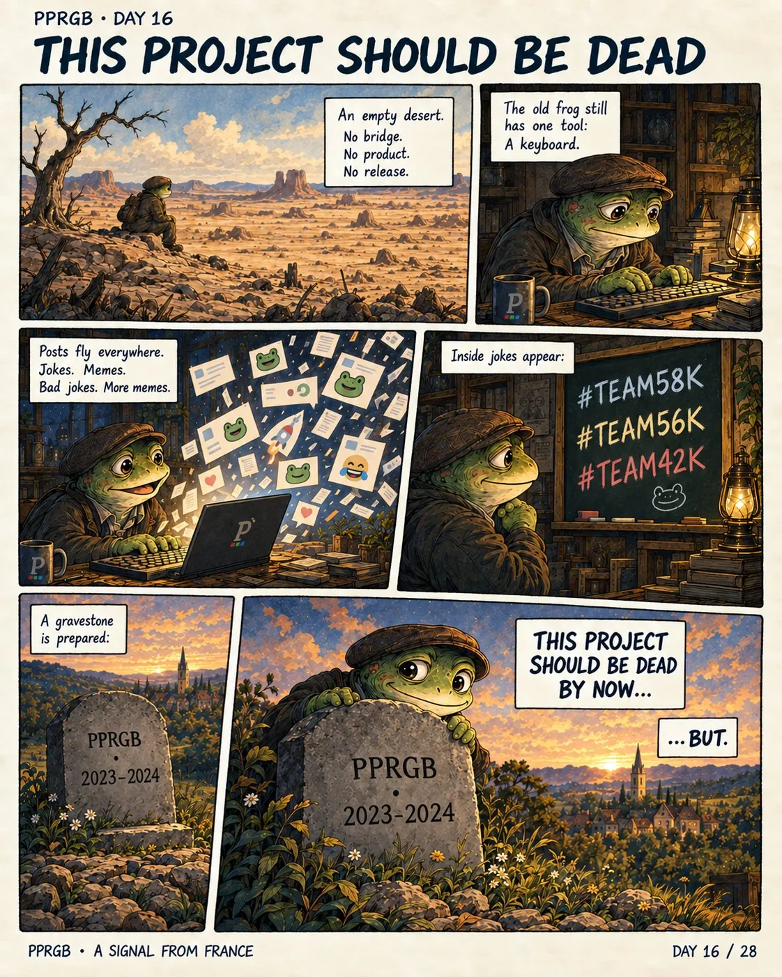 A frog stands in a desert beside a gravestone marked PPRGB · 2023–2024.