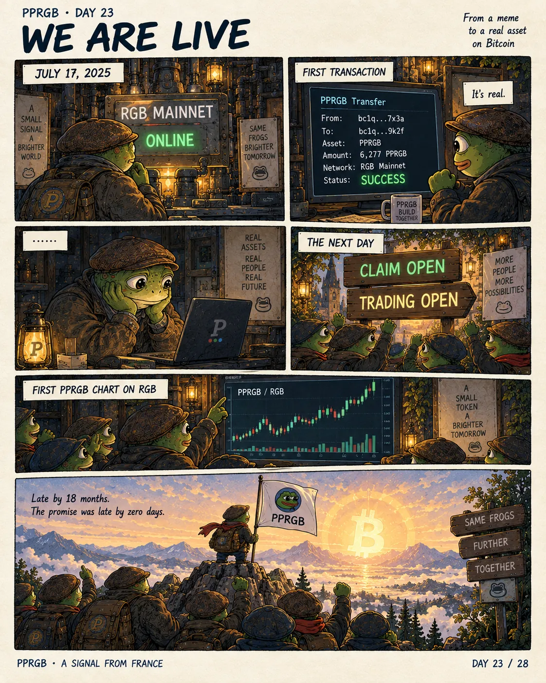 A frog plants a PPRGB flag on a Bitcoin mountain beside an RGB MAINNET machine.